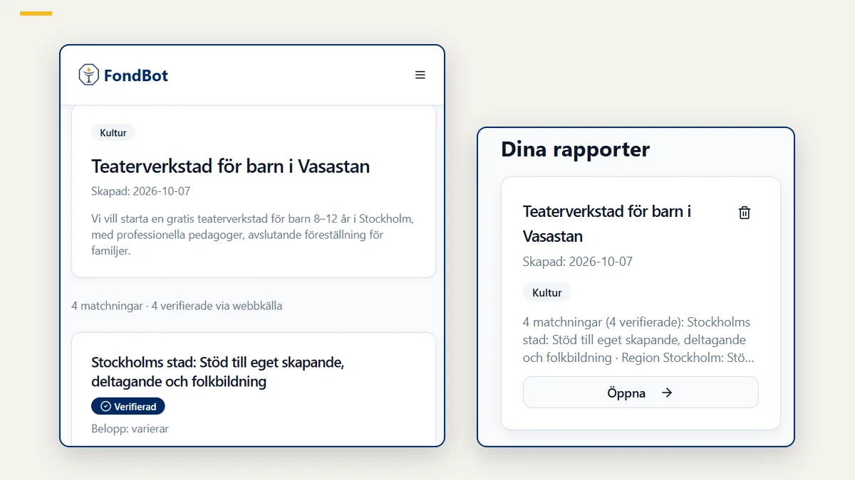 FondBot visar verifierade fondmatchningar för ett exempelprojekt