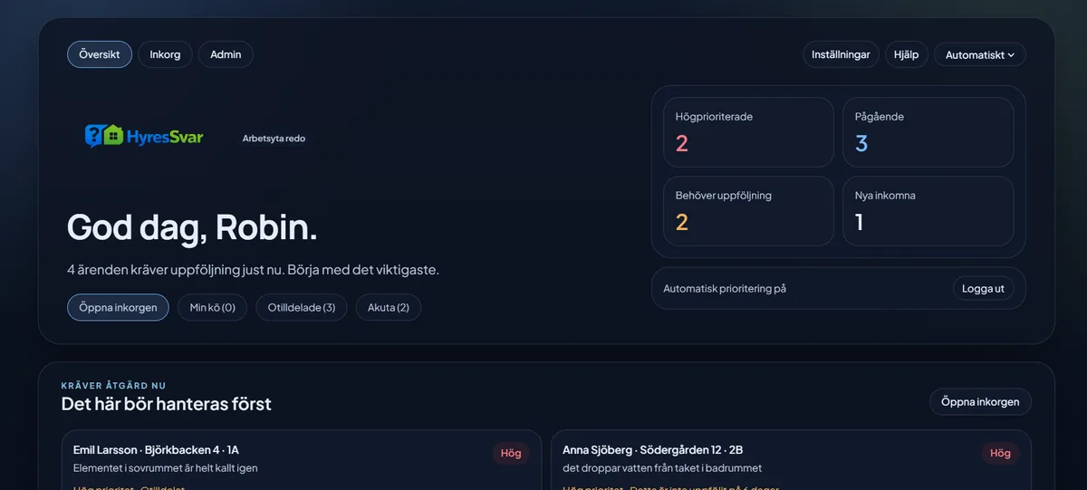 Översiktsvy i HyresSvar med prioriterade hyresgästärenden (testdata)